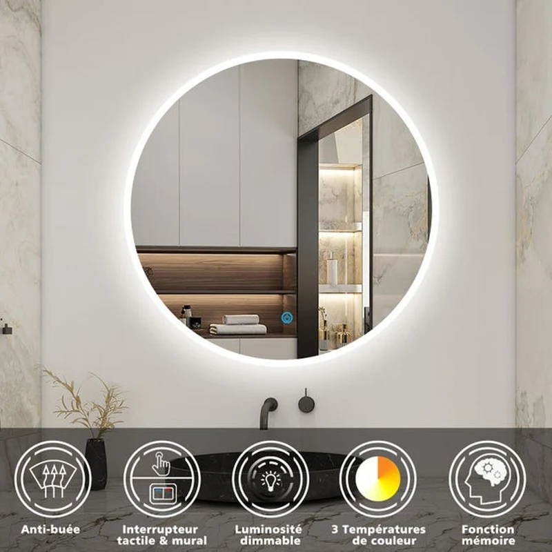 AICA LED miroir lumineux 3 couleurs tactile + anti-buée + dimmable + mémoire miroir salle de bain rond