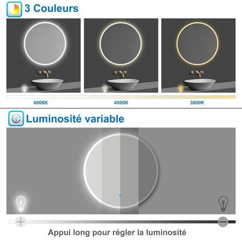 AICA LED miroir lumineux 3 couleurs tactile + anti-buée + dimmable + mémoire miroir salle de bain rond