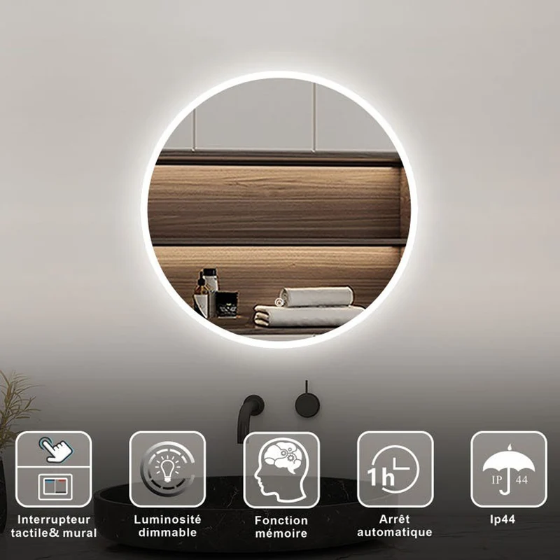 AICA Miroir lumineux rond 60cm dimmable + mémoire, miroir de salle de bain