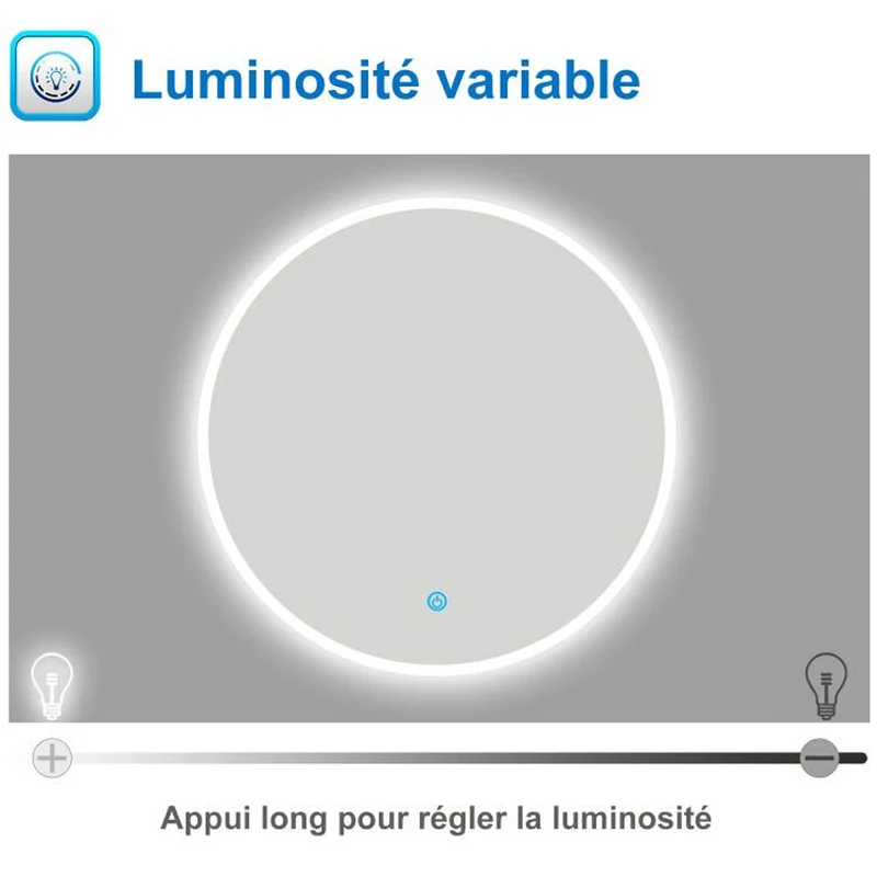 AICA Miroir lumineux rond 60cm dimmable + mémoire, miroir de salle de bain