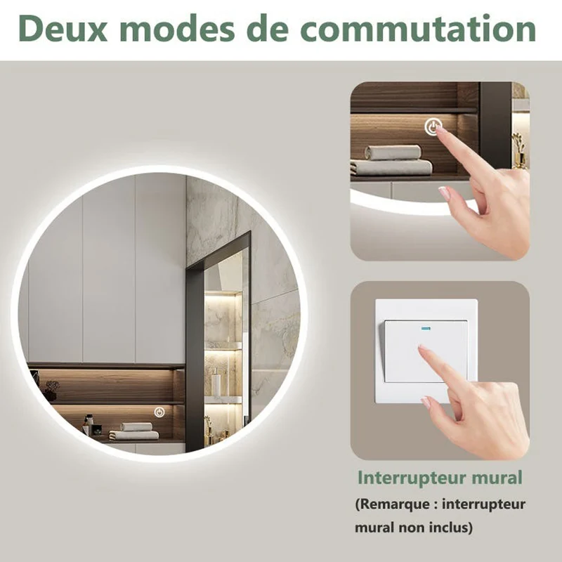 AICA Miroir lumineux rond 60cm dimmable + mémoire, miroir de salle de bain
