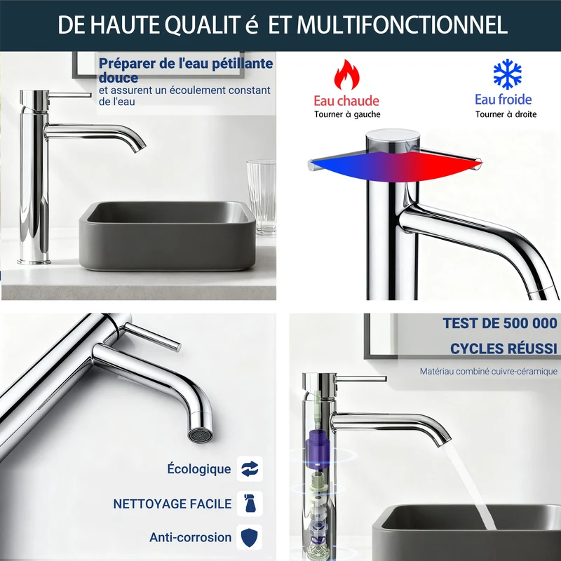 AICA Robinet de salle de bain mitigeur lavabo haut Acier inoxydable 304 - monocommande chaude/froide réglable, haute qualité classique, finition chromé