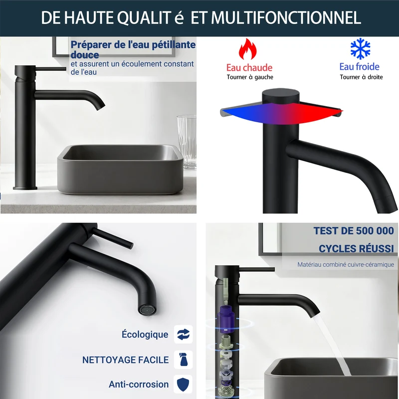 AICA Robinet de salle de bain mitigeur lavabo haut Acier inoxydable 304 - monocommande chaude/froide réglable, haute qualité classique, finition noir mat