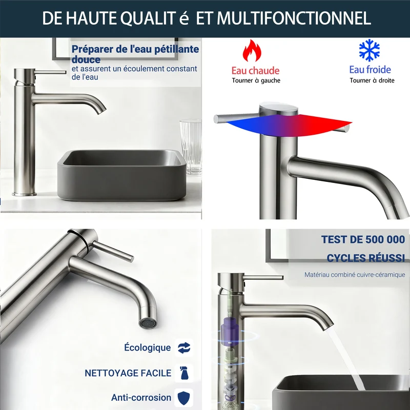 AICA Robinet de salle de bain mitigeur lavabo haut Acier inoxydable 304 - monocommande chaude/froide réglable, haute qualité classique, finition brossé