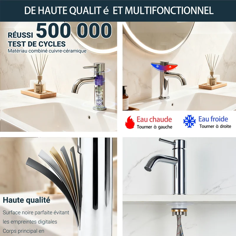 AICA Robinet de salle de bain mitigeur monocommande lavabo - acier inoxydable 304, 175mm hauteur basse, eau chaude/froide réglable, finition chromé