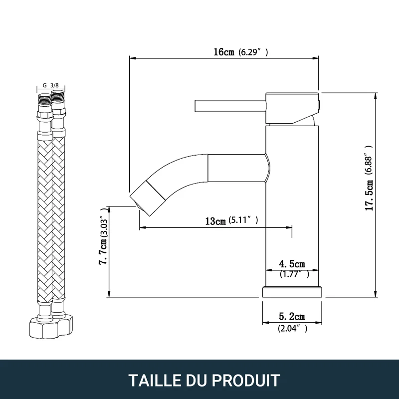 AICA Robinet de salle de bain mitigeur monocommande lavabo - acier inoxydable 304, 175mm hauteur basse, eau chaude/froide réglable, finition chromé