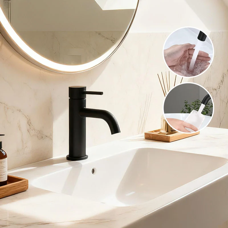 AICA Robinet de salle de bain mitigeur monocommande lavabo - acier inoxydable 304, 175mm hauteur basse, eau chaude/froide réglable, finition noir mat