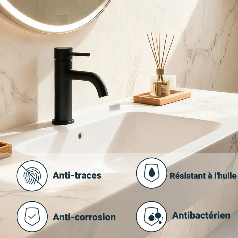 AICA Robinet de salle de bain mitigeur monocommande lavabo - acier inoxydable 304, 175mm hauteur basse, eau chaude/froide réglable, finition noir mat