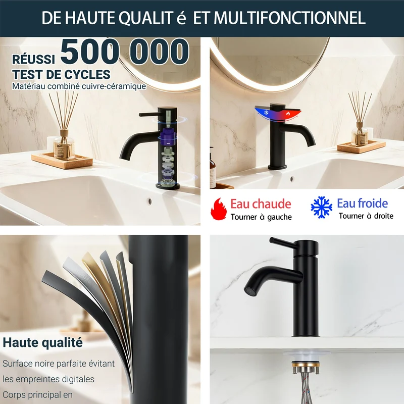AICA Robinet de salle de bain mitigeur monocommande lavabo - acier inoxydable 304, 175mm hauteur basse, eau chaude/froide réglable, finition noir mat