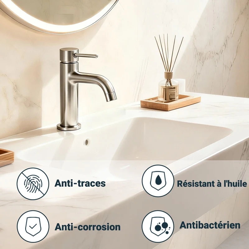AICA Robinet de salle de bain mitigeur monocommande lavabo - acier inoxydable 304, 175mm hauteur basse, eau chaude/froide réglable, finition brossé