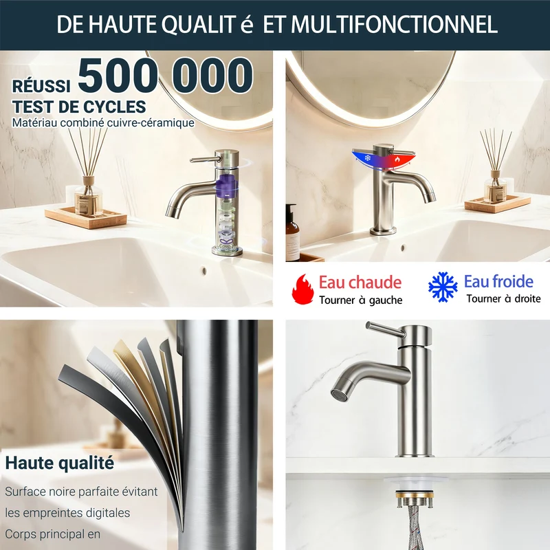 AICA Robinet de salle de bain mitigeur monocommande lavabo - acier inoxydable 304, 175mm hauteur basse, eau chaude/froide réglable, finition brossé