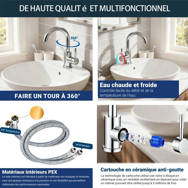 AICA Robinet Lavabo Mitigeur Salle de Bain - 360° Rotatif Bec/U-forme Design Courbé Classique, Acier Inox 304, Adapté à Lavabo/Vasque/Petite Cuisine, Finition chromé