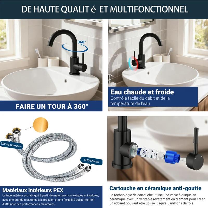 AICA Robinet Lavabo Mitigeur Salle de Bain - 360° Rotatif Bec/U-forme Design Courbé Classique, Acier Inox 304, Adapté à Lavabo/Vasque/Petite Cuisine, Finition Noir Mat