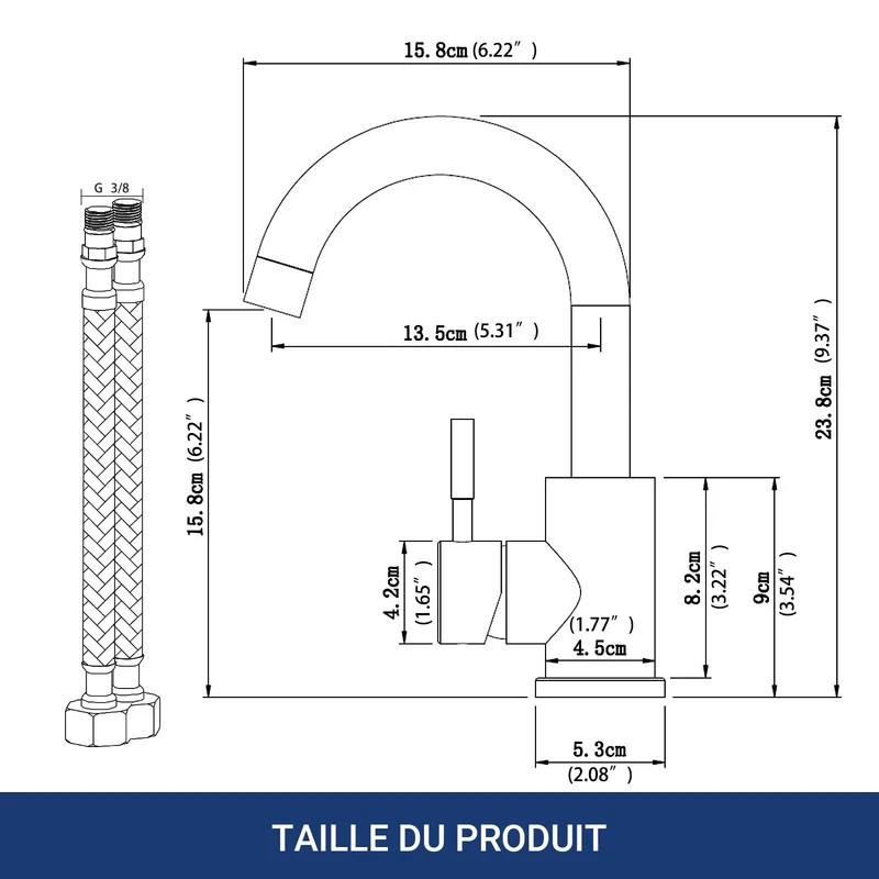 AICA Robinet Lavabo Mitigeur Salle de Bain - 360° Rotatif Bec/U-forme Design Courbé Classique, Acier Inox 304, Adapté à Lavabo/Vasque/Petite Cuisine, Finition Noir Mat