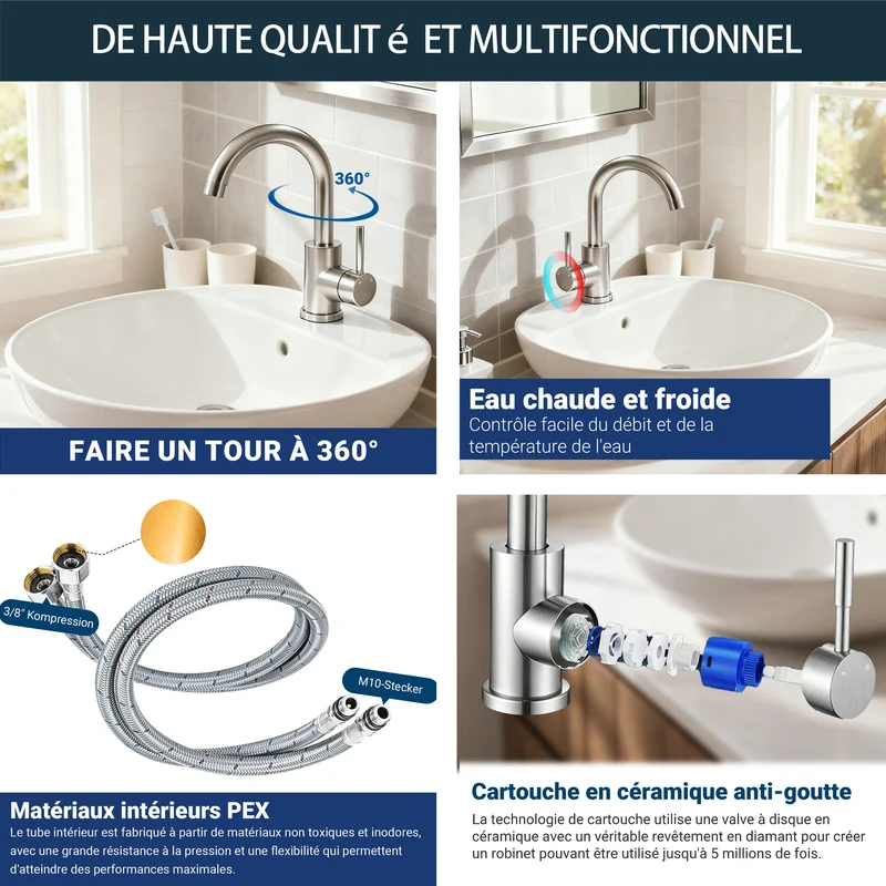 AICA Robinet Lavabo Mitigeur Salle de Bain - 360° Rotatif Bec/U-forme Design Courbé Classique, Acier Inox 304, Adapté à Lavabo/Vasque/Petite Cuisine, Finition Brossé