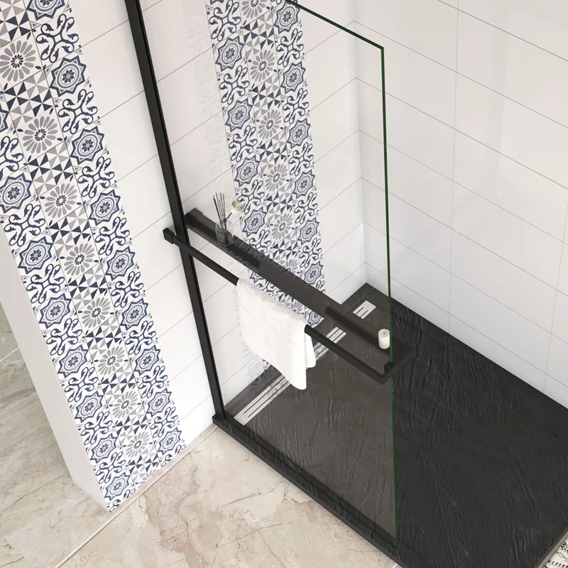 AICA Étagère de rangement longue avec porte-serviettes 2 en 1 : aluminium mat noir, pour douche à l'italienne (verre 8 mm)