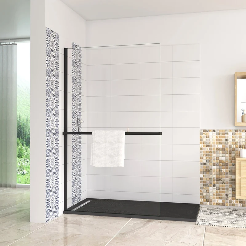 AICA Étagère de rangement longue avec porte-serviettes 2 en 1 : aluminium mat noir, pour douche à l'italienne (verre 8 mm)