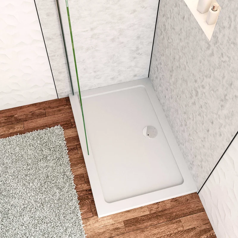 Receveur de douche à l'italien H.3cm, blanc, rectangulaire, Bac à douche extra-plat en résine, avec une bonde H.55mm Design ultra-mince