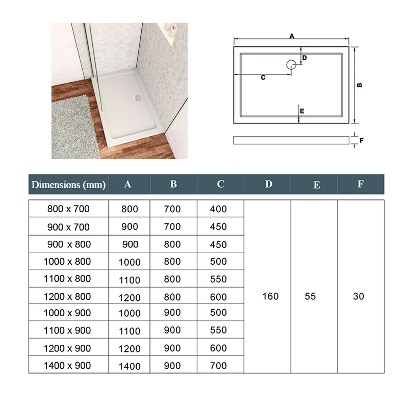 Receveur de douche à l'italien H.3cm, blanc, rectangulaire, Bac à douche extra-plat en résine, avec une bonde H.55mm Design ultra-mince