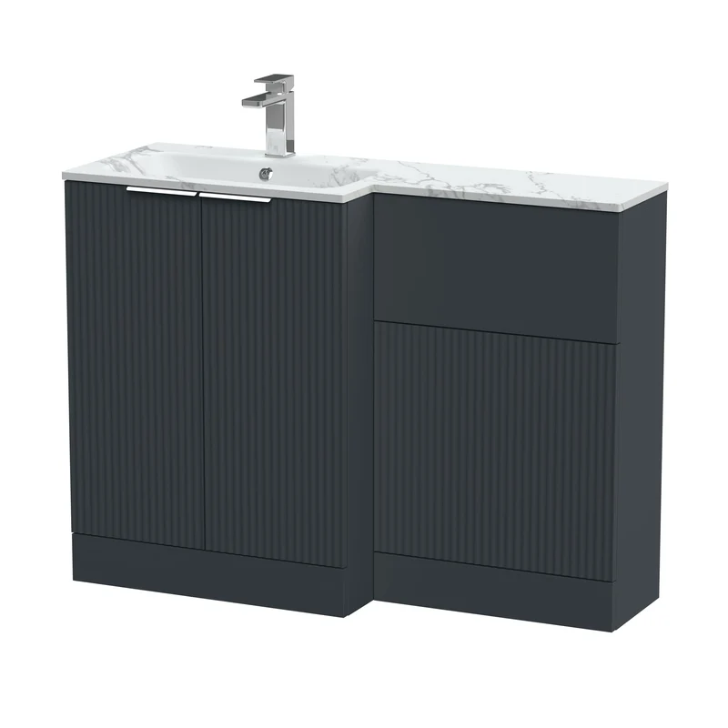 Fluted 1100mm Basin & WC Combination Unit With Left Hand Marble Stone Basin - Soft Black Satin