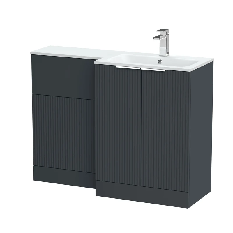 Fluted 1100mm Basin & WC Combination Unit With Right Hand White Stone Basin - Soft Black Satin