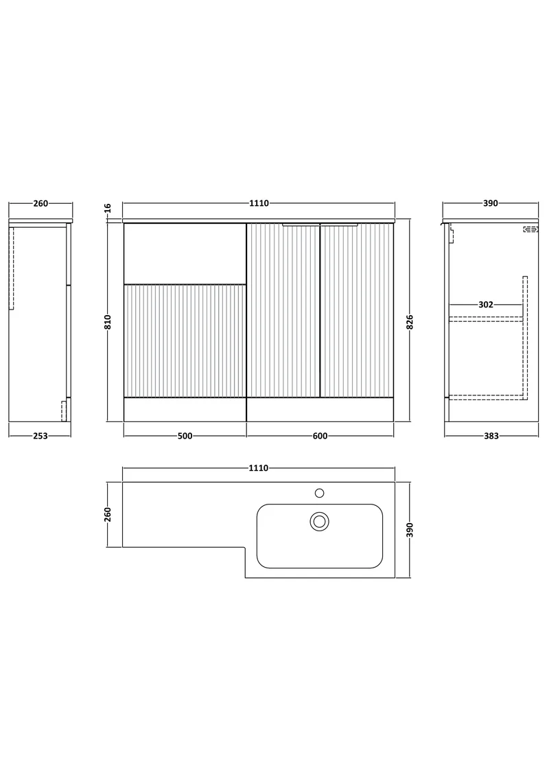 Fluted 1100mm Basin & WC Combination Unit With Right Hand White Stone Basin - Soft Black Satin