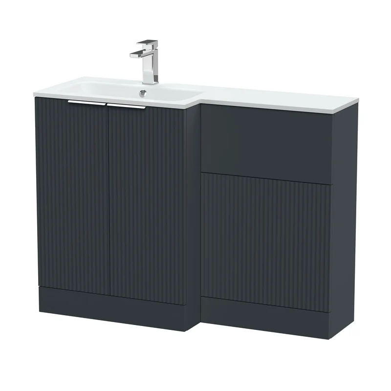 Fluted 1100mm Basin & WC Combination Unit With Left Hand White Stone Basin - Soft Black Satin