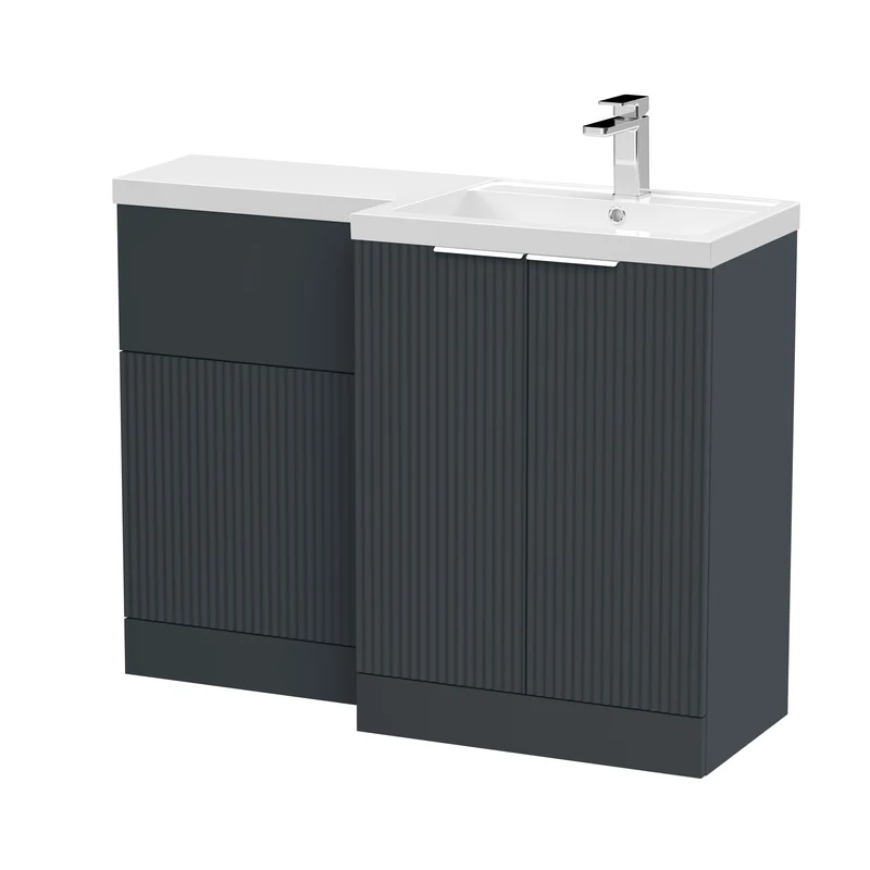 Fluted 1100mm Basin & WC Combination Unit With Right Hand Polymarble Basin - Soft Black Satin