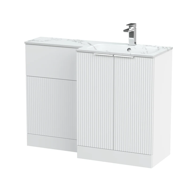 Fluted 1100mm Basin & WC Combination Unit With Right Hand Marble Stone Basin - White Satin