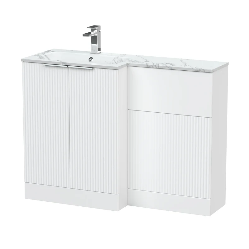Fluted 1100mm Basin & WC Combination Unit With Left Hand Marble Stone Basin - White Satin
