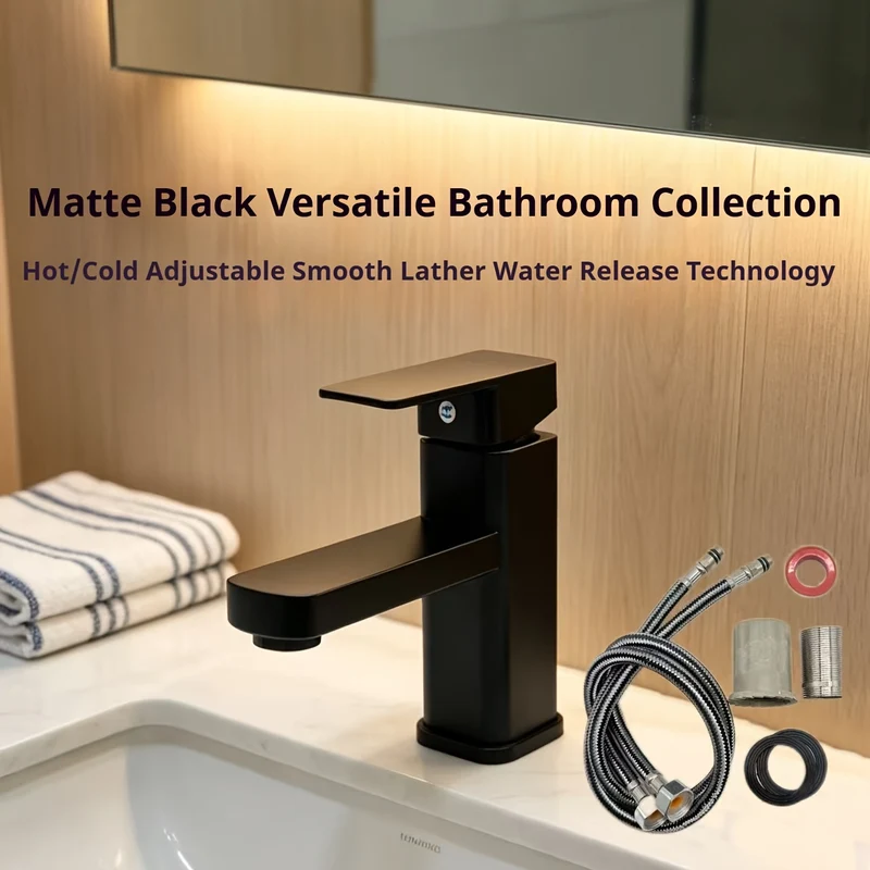Mitigeur de lavabo noir mat minimaliste avec flexibles fournis