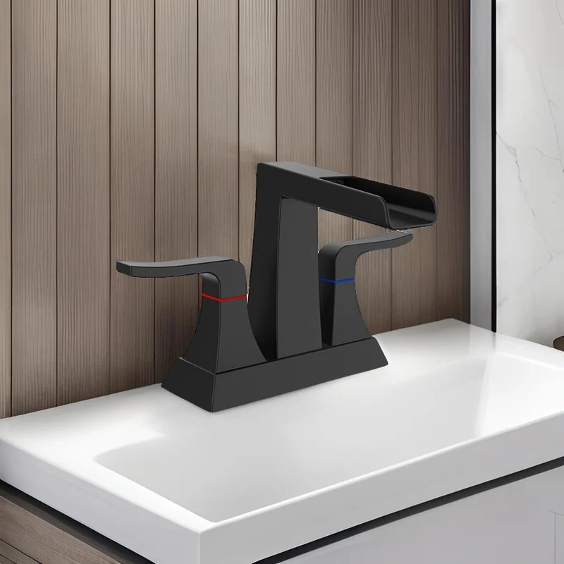 Robinet de lavabo trois trous noir à deux poignées et bec cascade