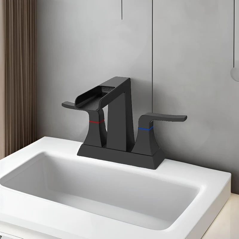 Robinet de lavabo trois trous noir à deux poignées et bec cascade