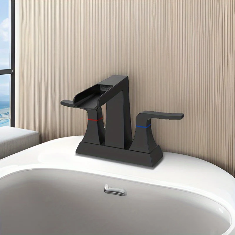 Robinet de lavabo trois trous noir à deux poignées et bec cascade