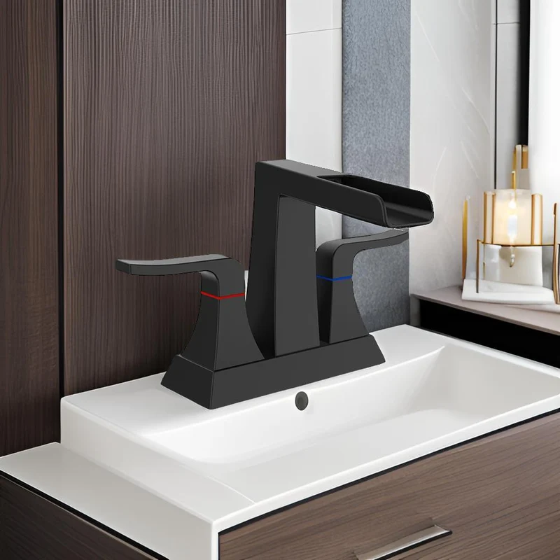 Robinet de lavabo trois trous noir à deux poignées et bec cascade