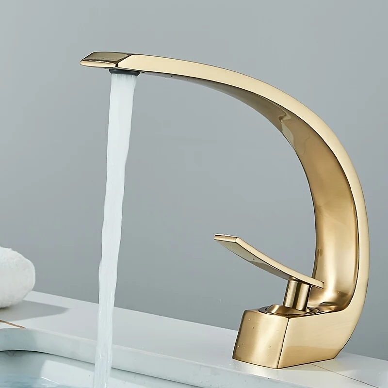Mitigeur de lavabo cascade doré en arc avec flexibles fournis
