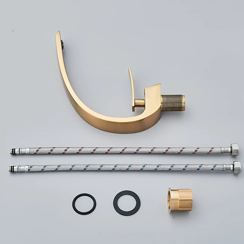 Mitigeur de lavabo cascade doré en arc avec flexibles fournis
