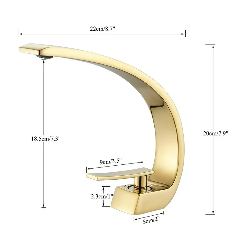 Mitigeur de lavabo cascade doré en arc avec flexibles fournis