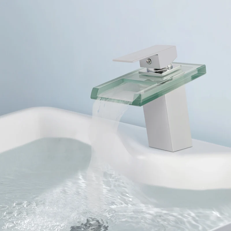 Mitigeur de lavabo cascade à plateau de verre chromé