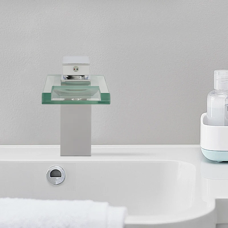 Mitigeur de lavabo cascade à plateau de verre chromé