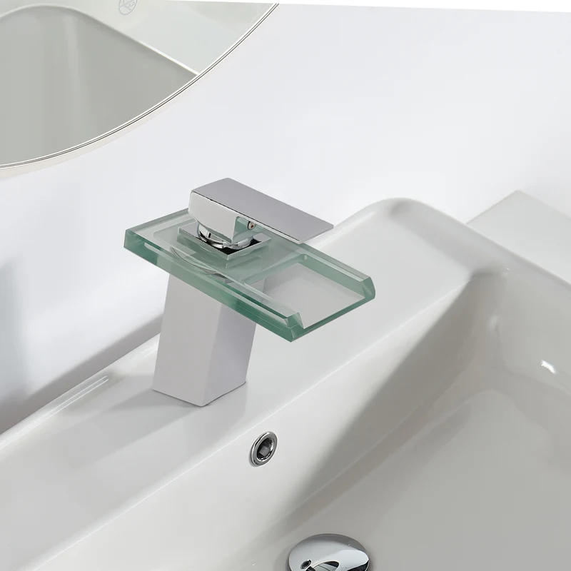 Mitigeur de lavabo cascade à plateau de verre chromé