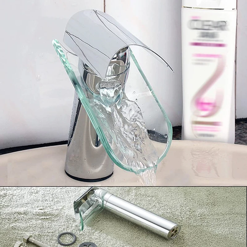 Mitigeur de lavabo cascade à bec en verre chromé