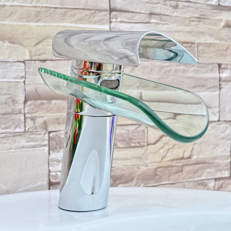 Mitigeur de lavabo cascade à bec en verre chromé