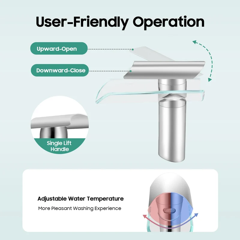 Mitigeur de lavabo cascade à bec en verre chromé
