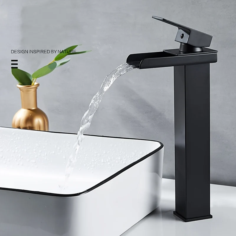 Mitigeur de vasque haut cascade de 30 cm, noir ou chromé