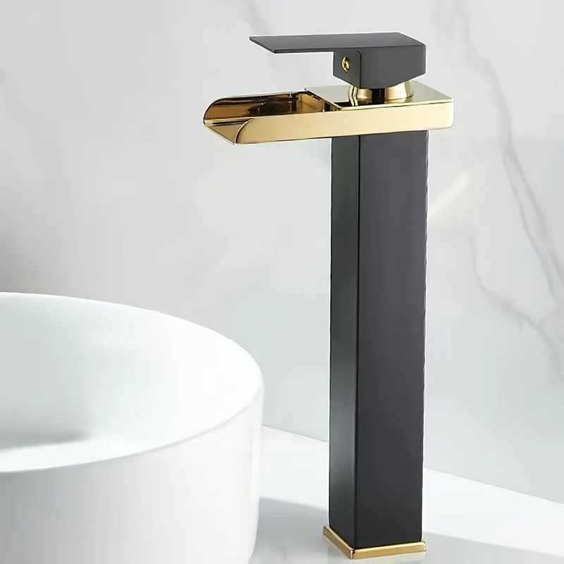 Mitigeur de vasque haut cascade de 30 cm, noir ou chromé