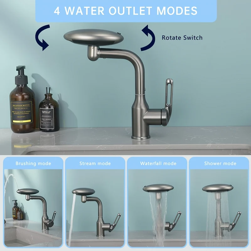 Mitigeur de lavabo à tête rotative et 4 modes de jet