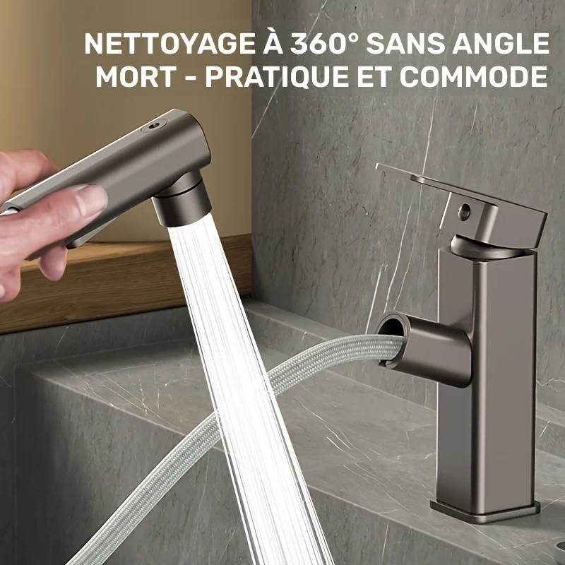 Mitigeur de lavabo carré à bec extractible et trois jets