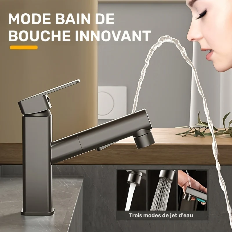 Mitigeur de lavabo carré à bec extractible et trois jets