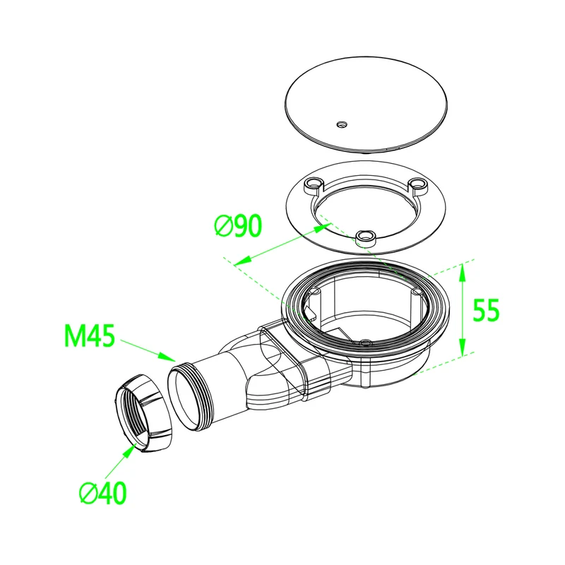 Bonde Siphon extra-plat avec tuyau flexible - Diamètre 90 mm - siphon de douche - Installation facile et gain de place